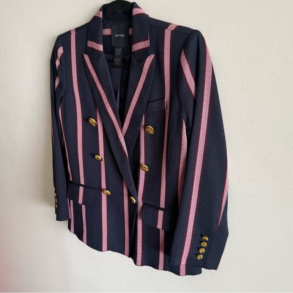 Smythe Double Breasted Striped Blazer Gold Accented Buttons Quarter Sleeve Sz 8 - Picture 7 of 16